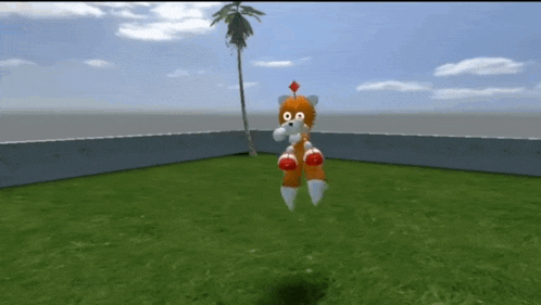 a cartoon fox is standing in a grassy field with a palm tree in the background