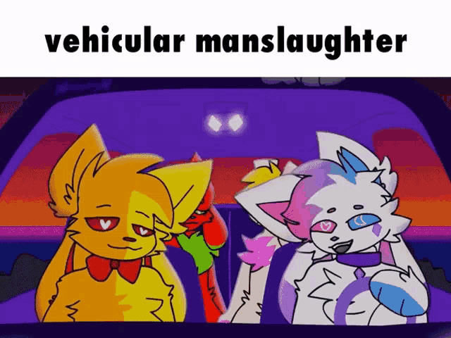 a cartoon of two cats sitting in a car with the caption vehiclear manslaughter
