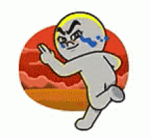 a cartoon character is crying and giving the middle finger while holding a donut .