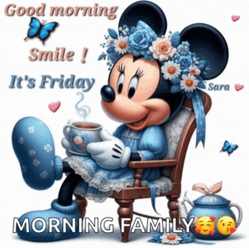 a picture of mickey mouse sitting in a chair holding a cup of coffee