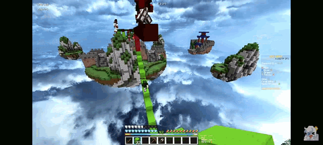 a screenshot of a minecraft game shows a few islands in the clouds