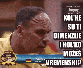 a man sitting in front of a screen that says happy kol 'ke su ti dimensioni i kol 'ko mozes vremenski