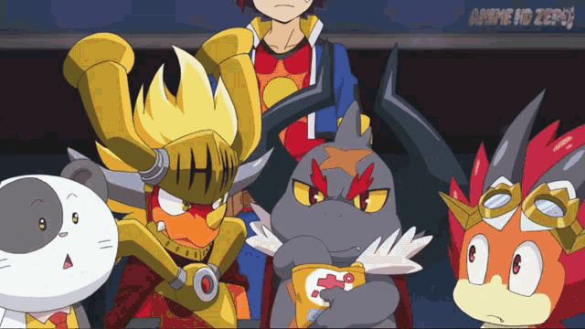 a group of cartoon characters are standing next to each other with anime hd zero written on the bottom left