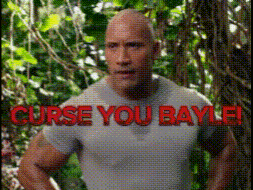 a picture of a bald man with curse you bayle written in red letters