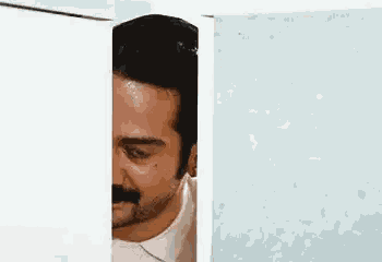 a man with a mustache is peeking through a doorway .