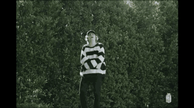 a man wearing a black and white striped sweater and a baseball cap is standing in front of a hedge .