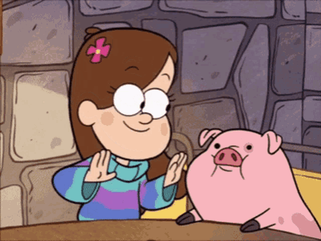 a girl with a flower in her hair is talking to a pig