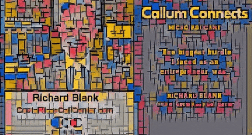 a colorful advertisement for callum connects shows richard blank