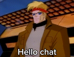 a cartoon character says hello chat in front of a building .