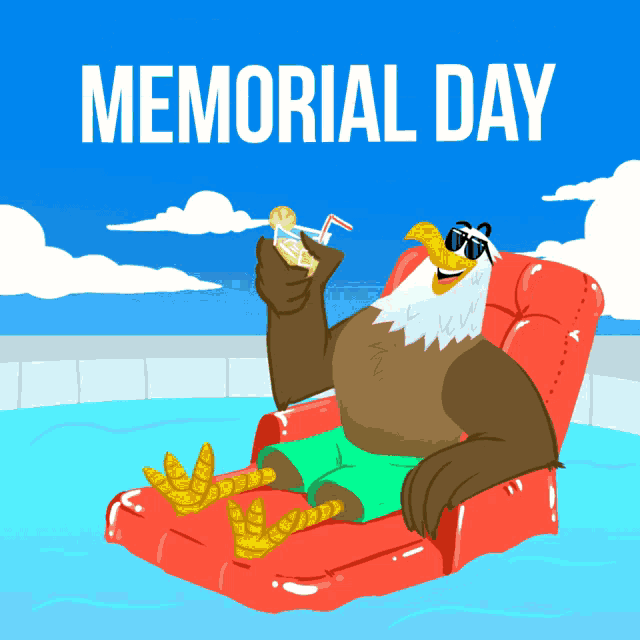 a cartoon of an eagle in a chair drinking a drink with the words memorial day below it
