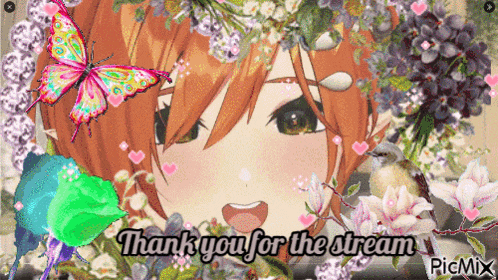 a picture of a girl surrounded by flowers and butterflies with the words thank you for the stream