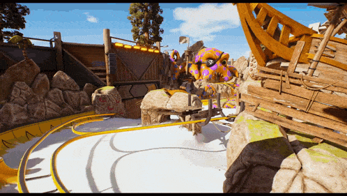 a video game scene with a roller coaster and a giant octopus in the background