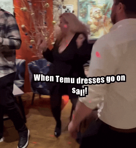 a woman is dancing with a caption that says when temu dresses go on say !!