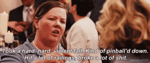 a woman is talking to another woman at a party and says took a hard hard violent fall