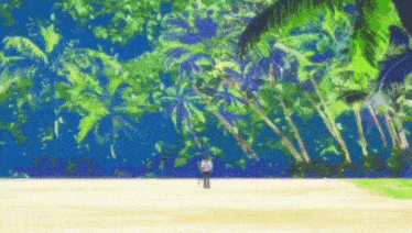 a man is standing on a beach surrounded by palm trees and a blue sky .