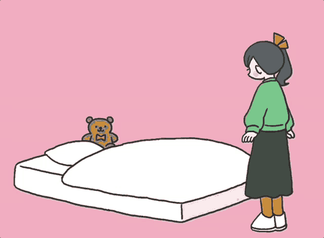 a cartoon of a girl kneeling on a bed with a teddy bear on it