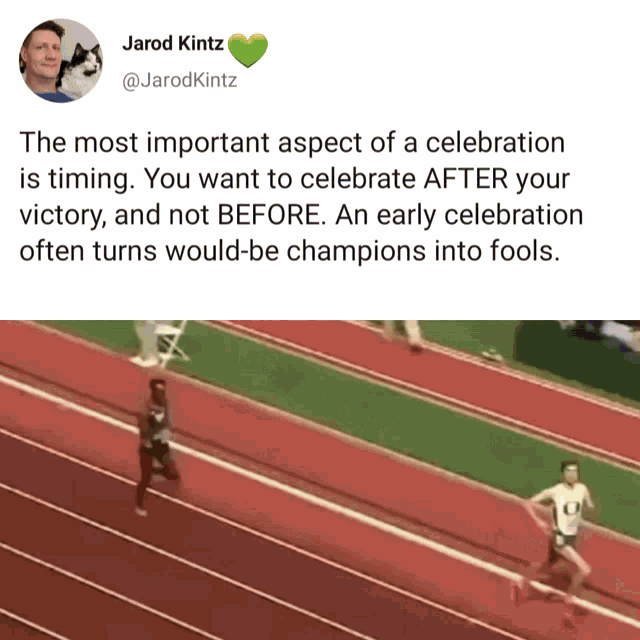 a picture of a man running on a track next to a tweet by jarod kitz
