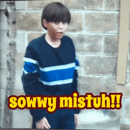 a boy in a blue and white striped shirt is standing in front of a brick wall with the caption sowwy mistuh !!