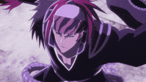 a purple and black anime character with a snake around his waist