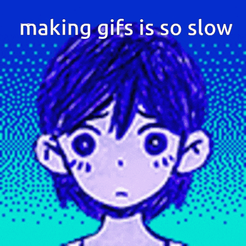 a cartoon of a boy with blue hair and the words making gifs is so slow