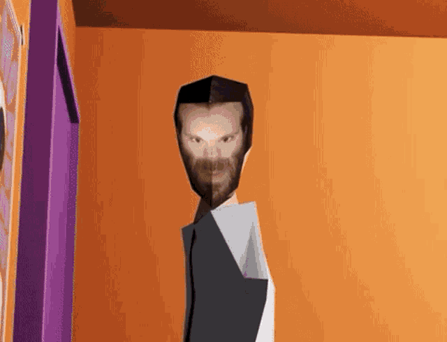 a cartoon drawing of a man with a beard standing in front of an orange wall