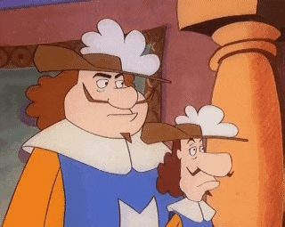 two cartoon characters are standing next to each other and one has a white hat on