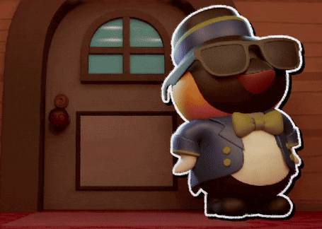 a cartoon character wearing sunglasses and a hat standing in front of a door