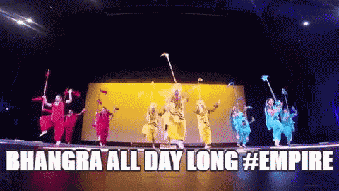 a group of people dancing on a stage with the words bhangra all day long #empire above them