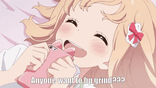 a girl laying on a bed with the words " anyone want to bp grind " on the bottom