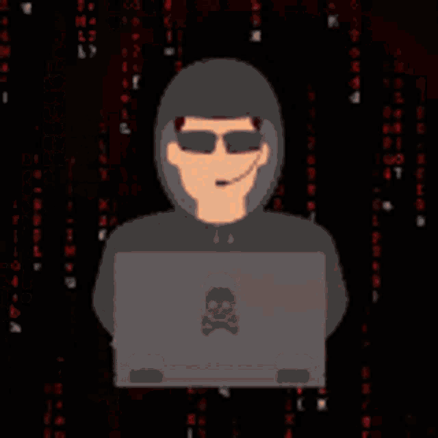 a man in a hood is using a laptop with a skull on it