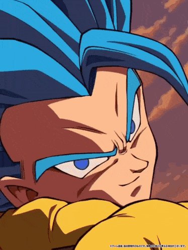 a close up of a cartoon character 's face with blue hair