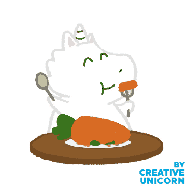 a cartoon of a unicorn eating a carrot with the words by creative unicorn below it