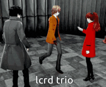 a group of anime characters are dancing in a room with the words lcrd trio written on the bottom
