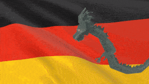 a black red and yellow flag with a dragon in the background