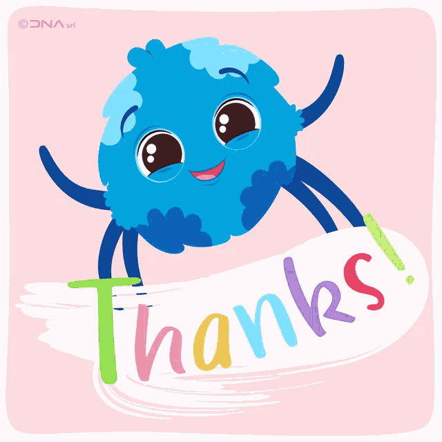 a cartoon character is holding a sign that says " thanks "