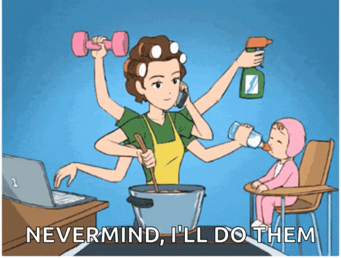 a cartoon of a woman cooking and talking on a cell phone