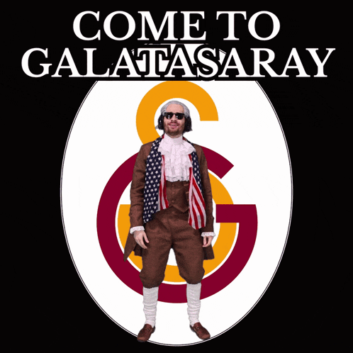 a poster that says come to galatasaray with a man in a suit jumping in the air