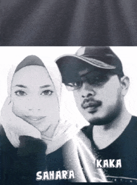 a black and white photo of a man and a woman with the name sahara on the bottom