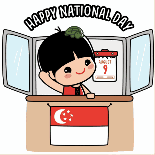 a cartoon of a girl with a turtle on her head and the words happy national day