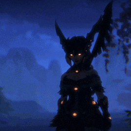 a woman with horns on her head is holding a large sword