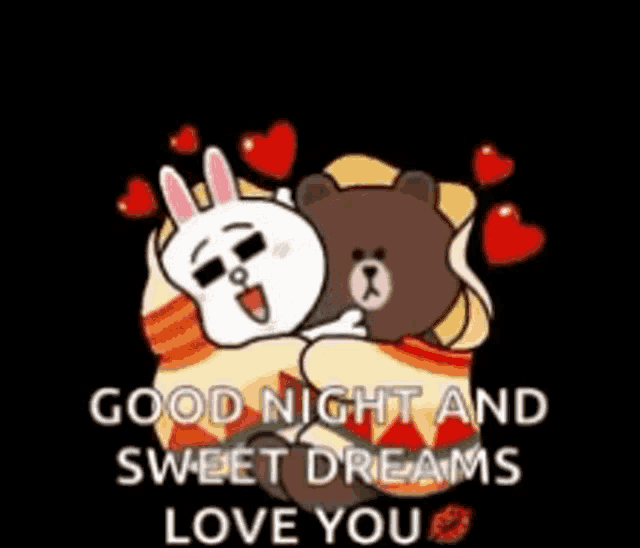 a cartoon of a bear and a rabbit hugging each other .