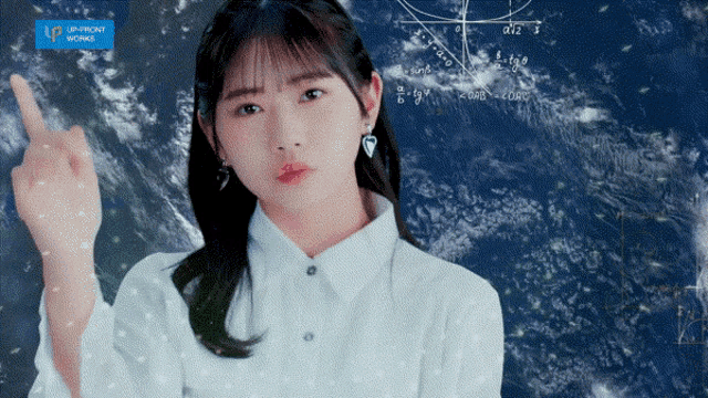 a girl in a white shirt is giving the middle finger in front of a blue background that says upfront works