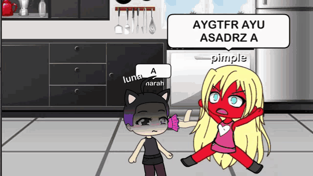 a cartoon girl with red hair is talking to a girl with purple hair