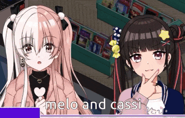 two anime girls are standing next to each other and the words melo and cassi are on the screen