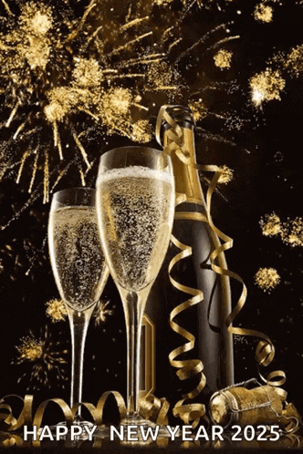 two glasses of champagne and a bottle of champagne on a new year 's eve greeting card