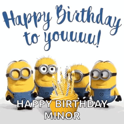 a group of minions are standing around a cupcake with candles and the words happy birthday minor