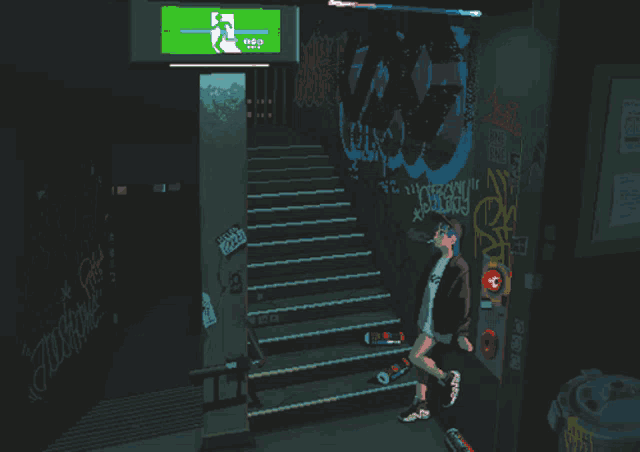 a pixel art of a person standing on a set of stairs under a green exit sign
