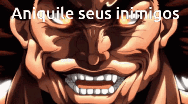 a close up of a man 's face with the words aniquile seus inimigos written above it