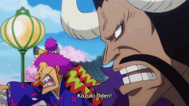 a cartoon character says kozuki oden in a purple shirt
