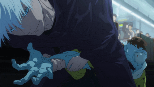 a drawing of a man with a blue hand